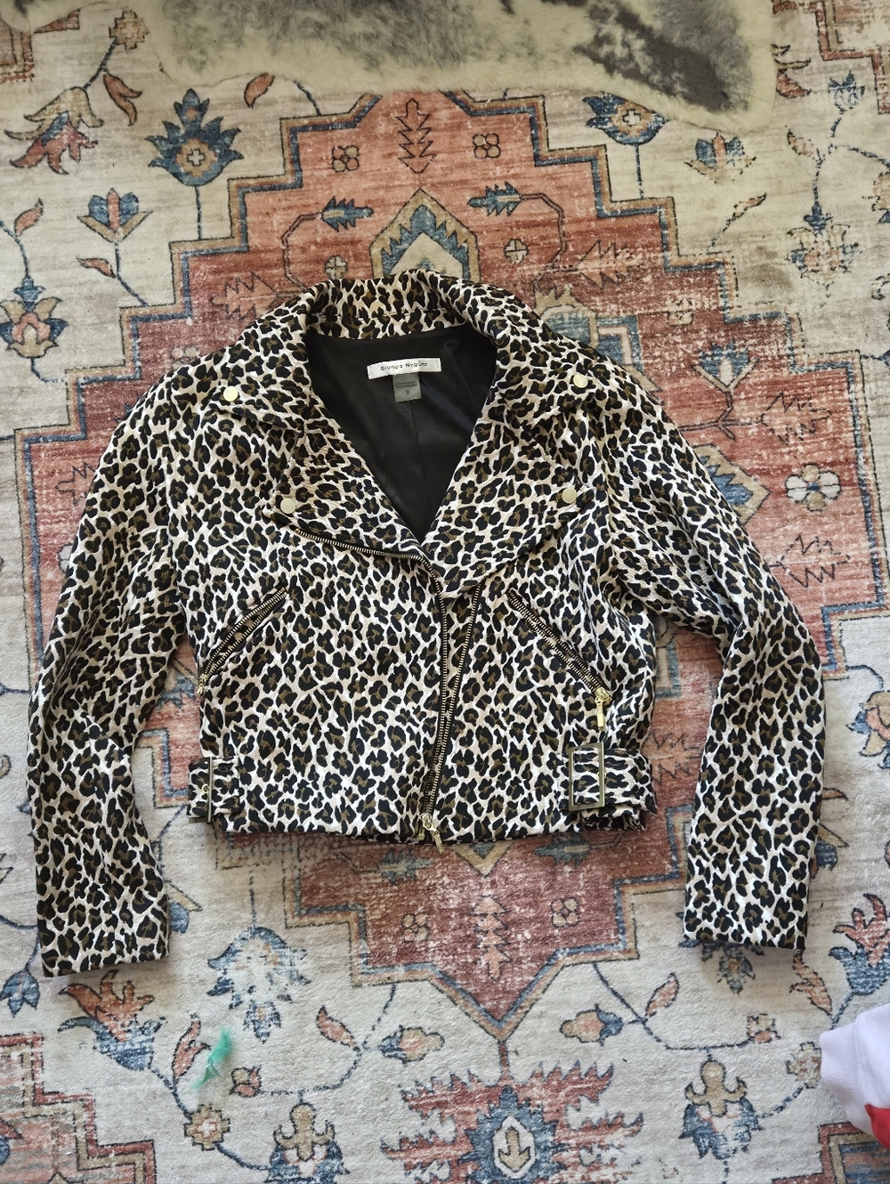 Bianca Nygard Leopard Print Cropped Moto Jacket Gold Hardware Size 8